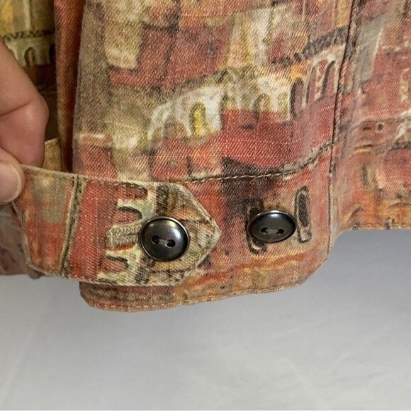 Chico’s Earth Tone European Cityscape Print Cotton Jean Jacket Size 2 - Picture 7 of 10